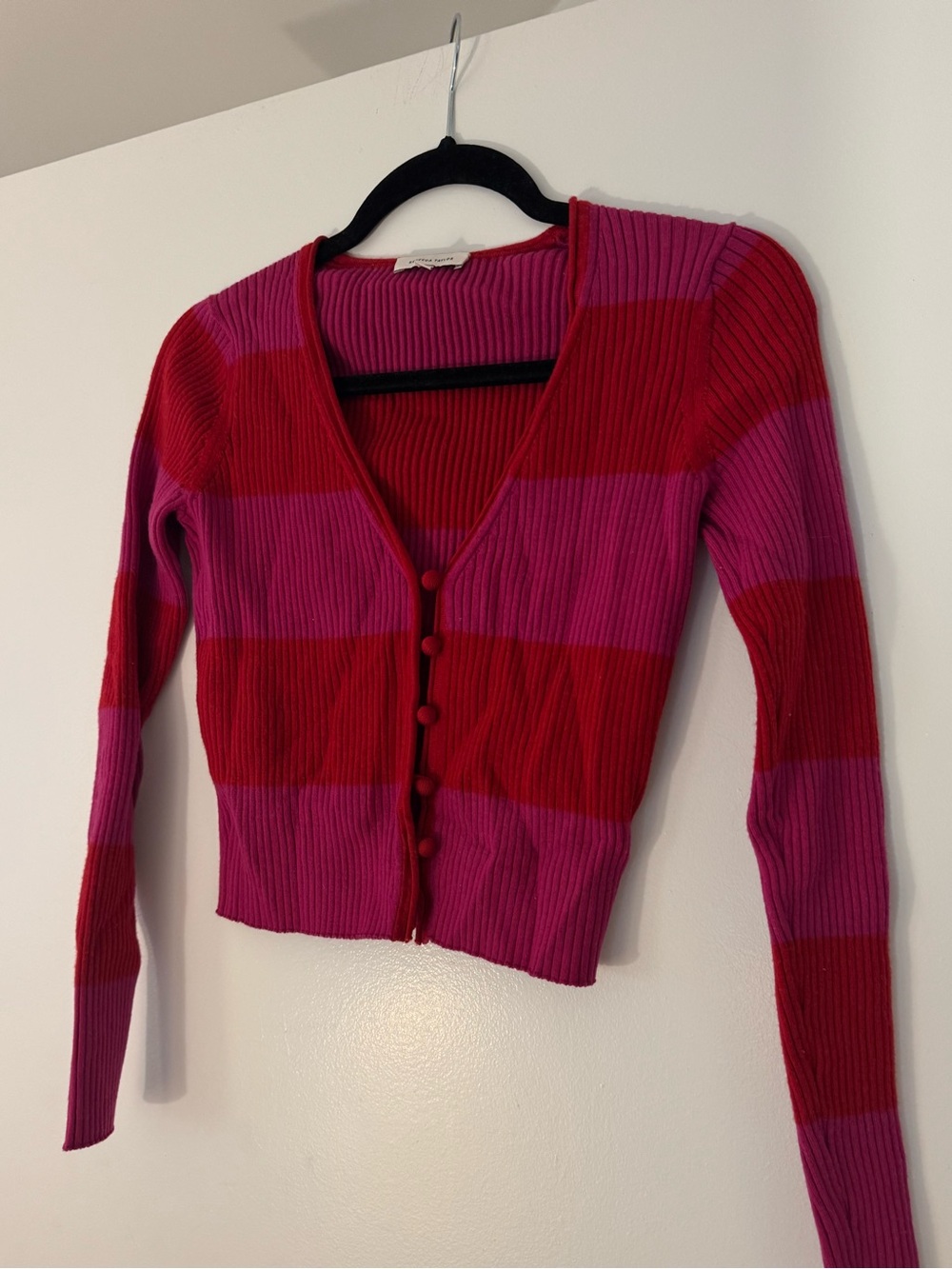 Rebecca Taylor Pink and Red Striped Ribbed V-Neck Cardigan